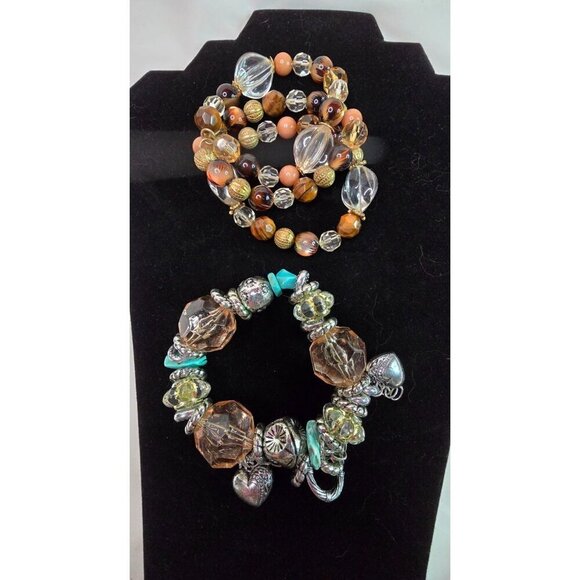 Chunky Silver Tone Glass & Turquoise Colored Chip Stretch Bracelet Bundle Boho - Picture 1 of 3
